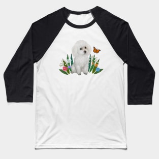 White Toy Poodle Sitting in Flowers Baseball T-Shirt